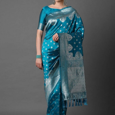 Blue & Silver-Coloured Ethnic Motifs Woven Design Silk Blend Banarasi Saree