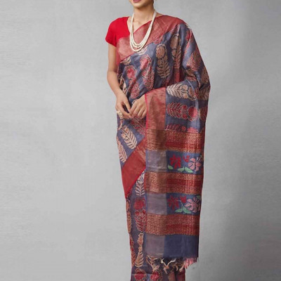 Maroon & Blue Woven Design Kantha Work Pure Silk Tussar Saree