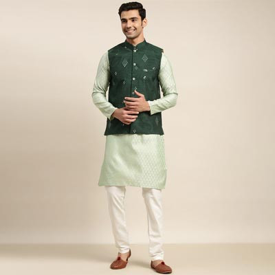 Men Green Ethnic Motifs Woven Design Kurta & Churidar Comes With a Nehru Jacket