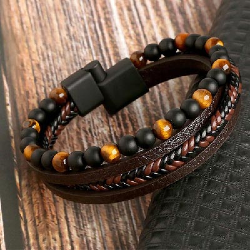 Men Brown & Yellow Leather Wraparound Bracelet