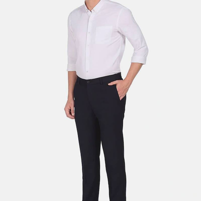 Men Blue Solid Slim Fit Cotton Formal Trousers