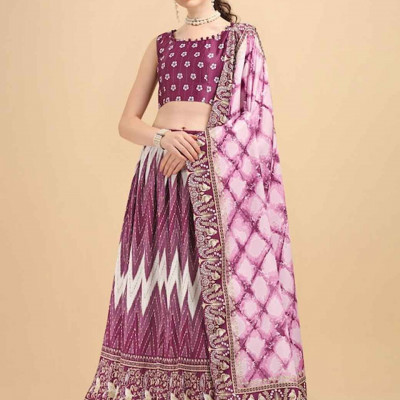 Purple & White Printed Semi-Stitched Lehenga & Unstitched Blouse With Dupatta