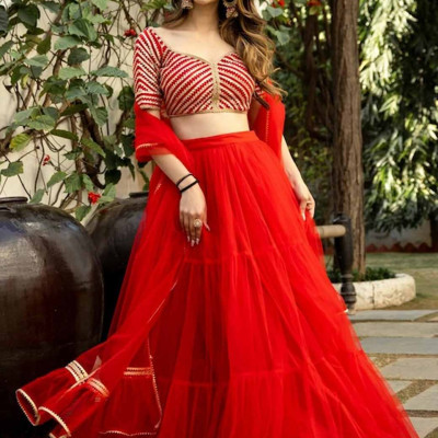 Red & Gold-Toned Embellished Ready to Wear Lehenga & Blouse With Dupatta