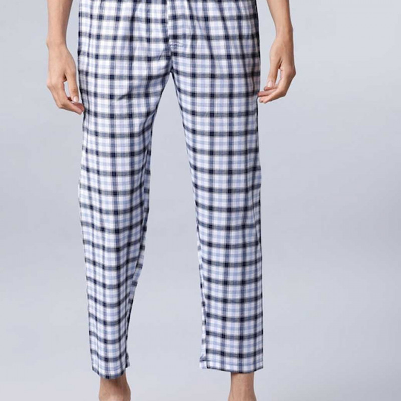 Men White & Navy Checked Cropped Lounge Pants