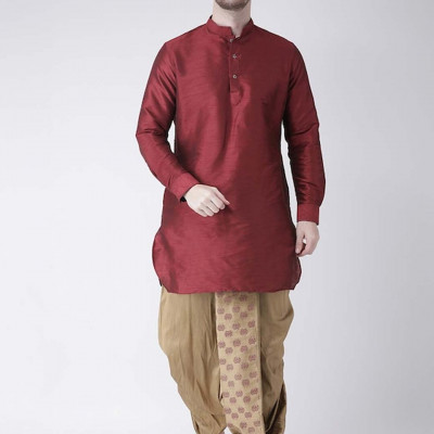 Men Beige & Maroon Printed Dupion Silk Dhoti