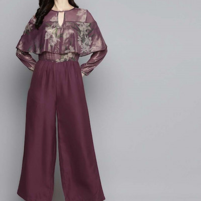 Purple & Beige Printed Basic Jumpsuit