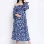 Blue & White Floral Off-Shoulder Satin Maternity Midi Dress