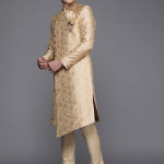 Men White Ethnic Motifs Printed Raw Silk Kurta with Pyjamas & Nehru Jacket