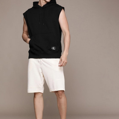 Men Black Solid Sleeveless Hooded Sweatshirt