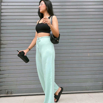 Women Mint Green Solid Wide Leg Track Pants